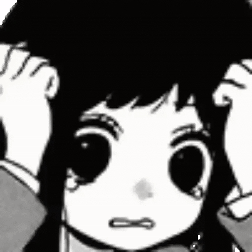 A black-and-white anime girl clutches her head with a distressed expression.