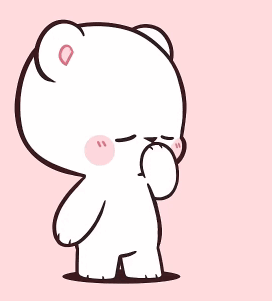 A shy white cartoon bear blushes against a pink background.
