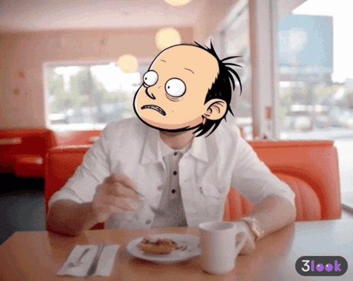 a cartoon of a man sitting at a table with a plate of food and a 3look logo on the bottom right