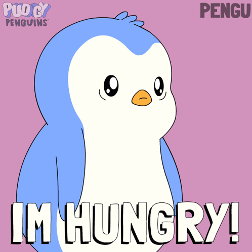 A blue penguin says “I’M HUNGRY!” while holding a bowl.