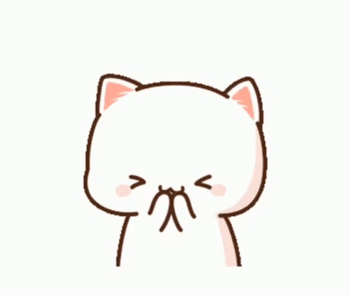 A white cartoon cat blushes and holds its paws to its face.