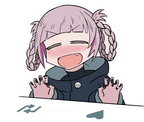 An anime girl with pink hair leans forward with an excited smile.