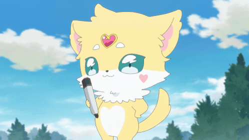 a cat with a heart on its head is holding a pen