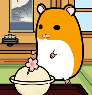 A cute hamster-like cartoon character sits beside a bowl of food.