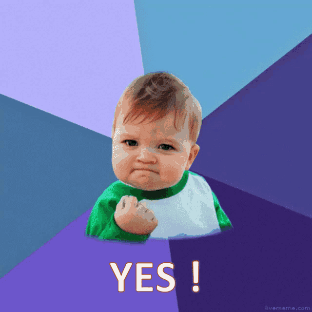 A determined baby raises a fist beside “YES!” text.