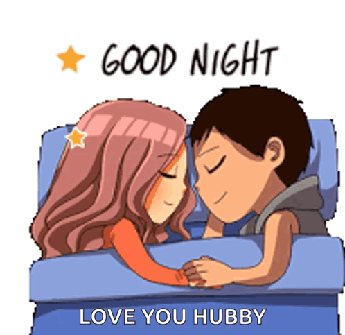 An illustrated couple sleeps cuddled in bed under the caption “GOOD NIGHT.”