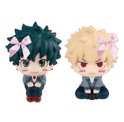 deku and bakugo from my hero academia are sitting next to each other with bows on their heads .
