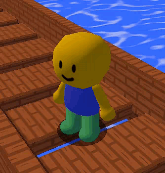 a yellow cartoon character is walking on a wooden dock .