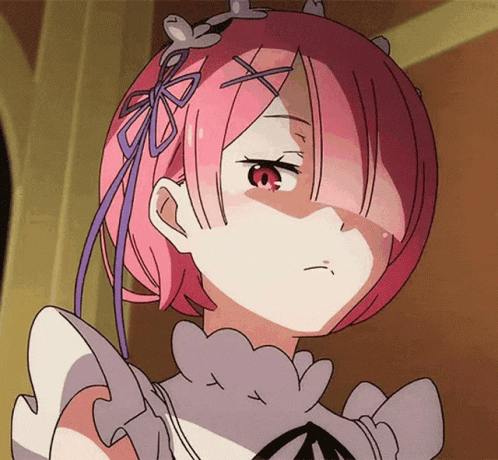 Ram from Re:Zero looks down with an irritated, cold expression.