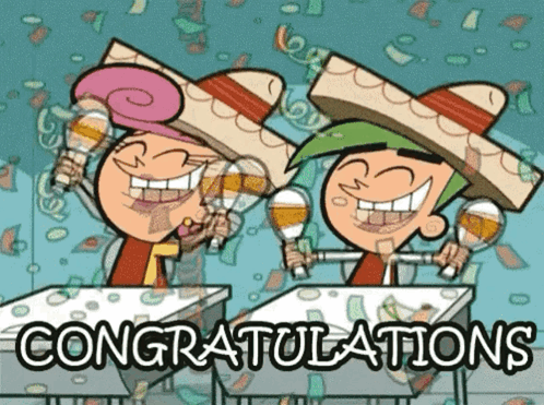 Two animated characters cheer at a party with the caption “CONGRATULATIONS.”