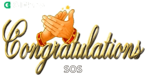 Gold script “Congratulations” appears with clapping hands.