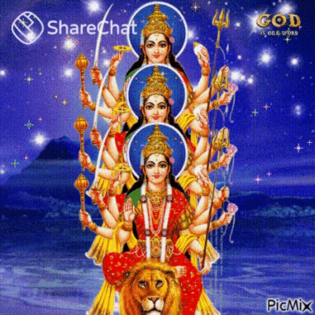 a painting of a goddess sitting on a lion .