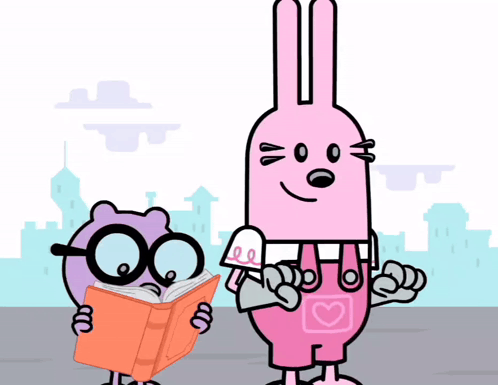 a cartoon character reading a book next to a cartoon character with glasses