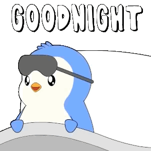 Pengu peers over a bed sheet beneath large “GOOD NIGHT” text.