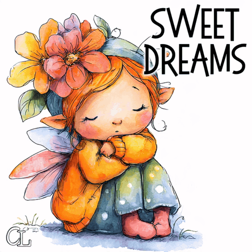 a drawing of a fairy with flowers in her hair and the words sweet dreams