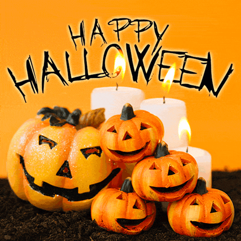 a halloween greeting card with pumpkins and candles in the background
