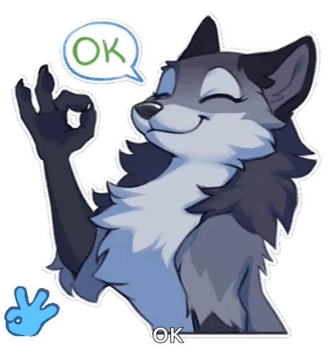 A blue-and-white cartoon wolf makes an OK hand sign with a speech bubble.