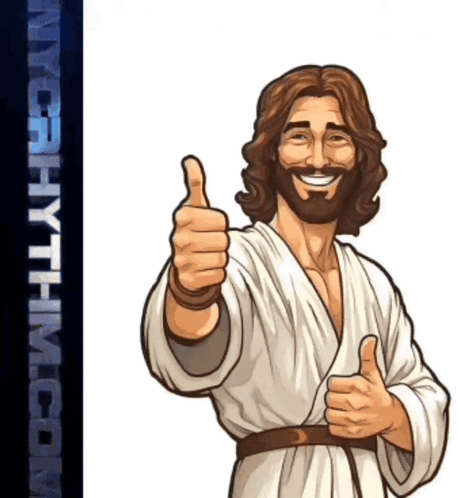 A cartoon Jesus-like figure in white robes smiles and gives a thumbs up.
