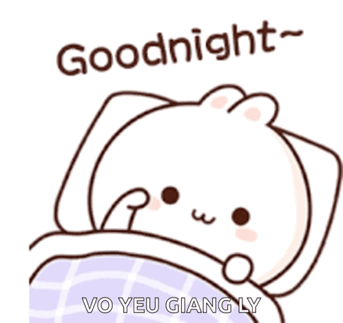 A sleepy white bear peeks from under a blanket beside “Goodnight~.”