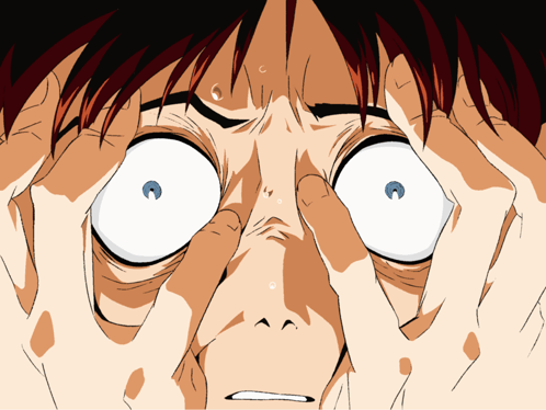 Shinji Ikari clutches his face with wide, panicked eyes in an anime close-up.