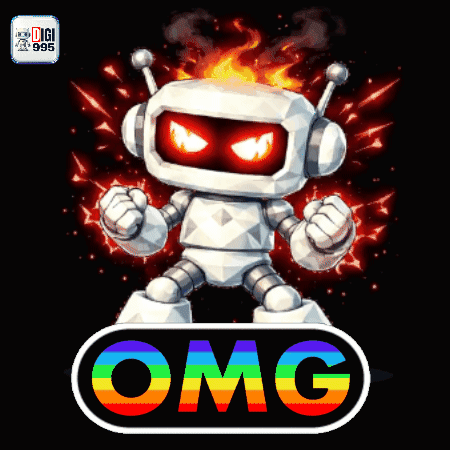 A fiery robot raises its fists above rainbow “OMG” lettering.