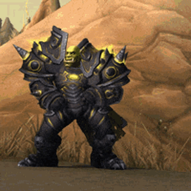 A heavily armored World of Warcraft orc dances in a desert landscape.