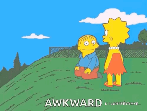 Lisa Simpson and Ralph Wiggum stand on a hill beneath the caption “AWKWARD.”