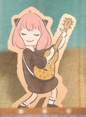 a girl with pink hair is holding a guitar and smiling .