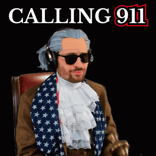 a man wearing a wig and sunglasses is sitting in front of a poster that says calling 911