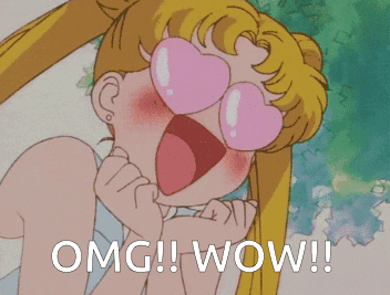 Sailor Moon covers her heart-shaped eyes with both hands beneath “OMG!! WOW!!”