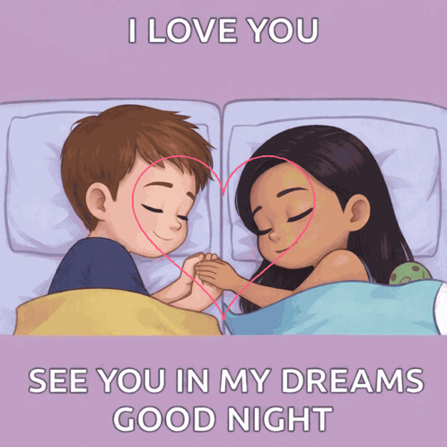 A cartoon couple cuddles in bed beneath “I LOVE YOU” and “SEE YOU IN MY DREAMS GOODNIGHT.”