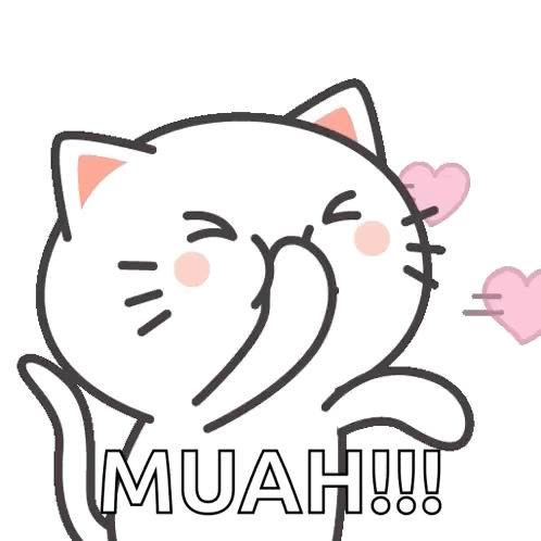 A white cartoon cat blows a kiss with hearts and “MUAH!!!” text.