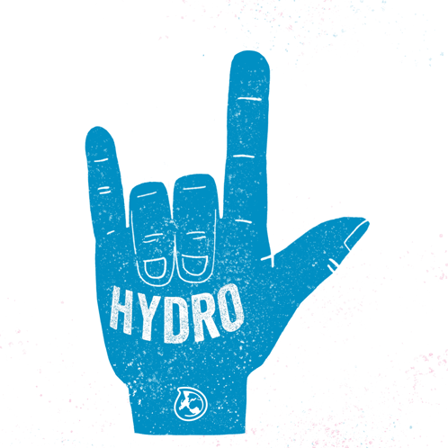 A blue illustrated hand forms a high-five gesture with the word “HYDRO.”