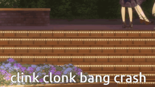 a sign that says clink clonk bang crash is on a wooden staircase