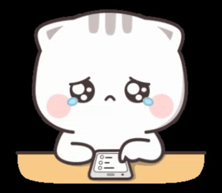 A teary white cartoon cat writes a note while sitting at a desk.