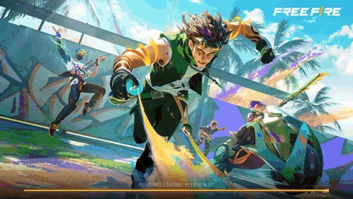 a loading screen for free fire shows a man on a skateboard