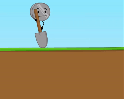 a cartoon character holding a shovel with a face