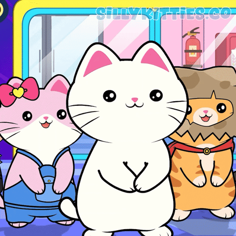a cartoon of three cats standing next to each other with sillykitties.co written on the bottom