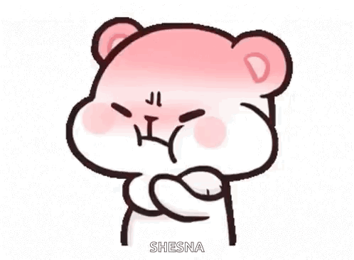 A pink cartoon bear pouts with clenched paws.