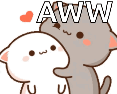 Two cartoon cats cuddle beneath a large “AWW.”