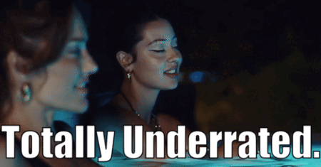 two women in a hot tub with the words totally underrated behind them
