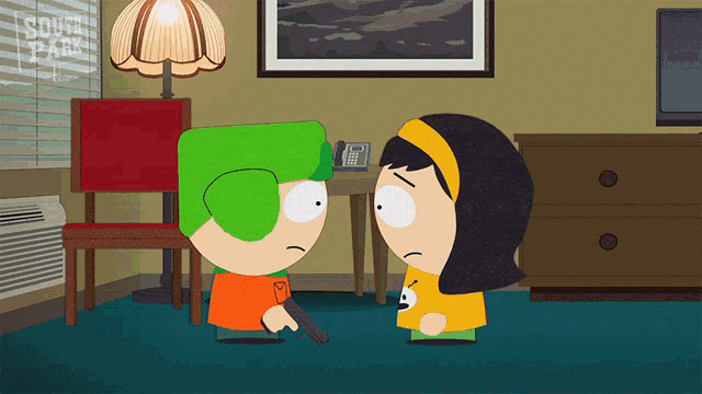 a south park cartoon shows a boy and a girl standing next to each other