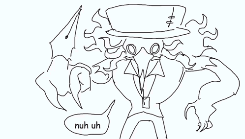 a black and white drawing of a monster with a speech bubble saying nuh uh