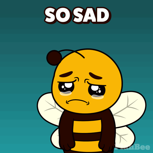 A sad yellow bee character cries under the caption “SO SAD.”