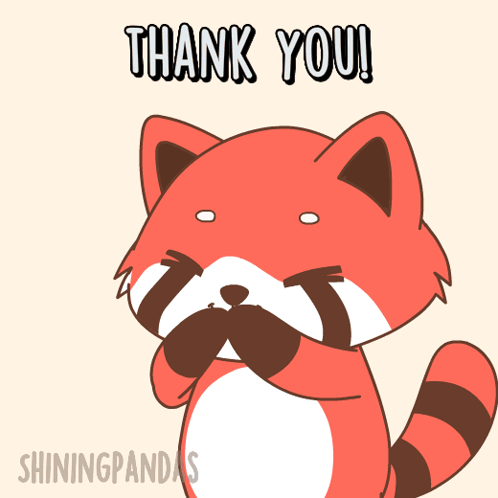 A red cartoon raccoon looks grateful beneath “THANK YOU!”