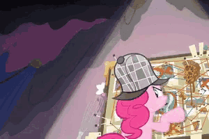 pinkie pie is wearing a detective hat and looking at a board