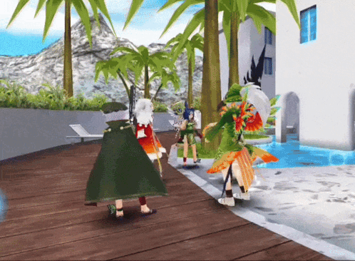 a video game shows a group of people standing on a deck