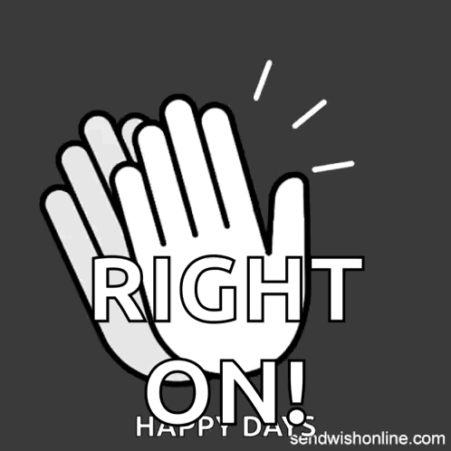 White illustrated hands clap beside “RIGHT ON!”