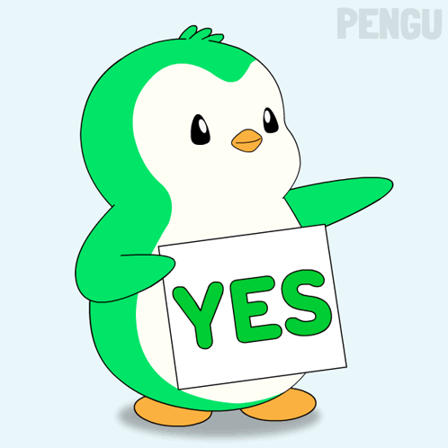 A green cartoon penguin holds a large “YES” sign.