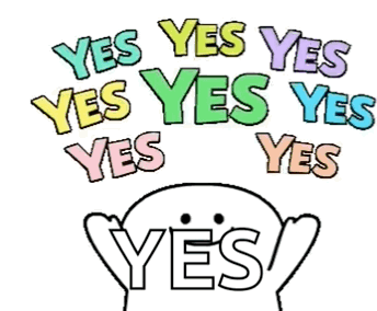 A simple cartoon person is surrounded by colorful repeated “YES” text.